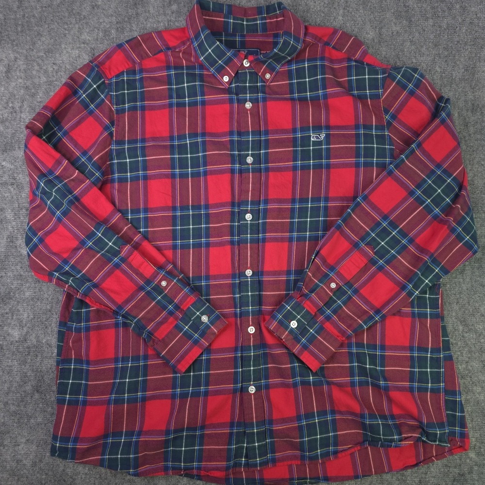 Vineyard Vines Flannel Shirt 2XL Classic Fit Whale Red Blue Green Plaid Button